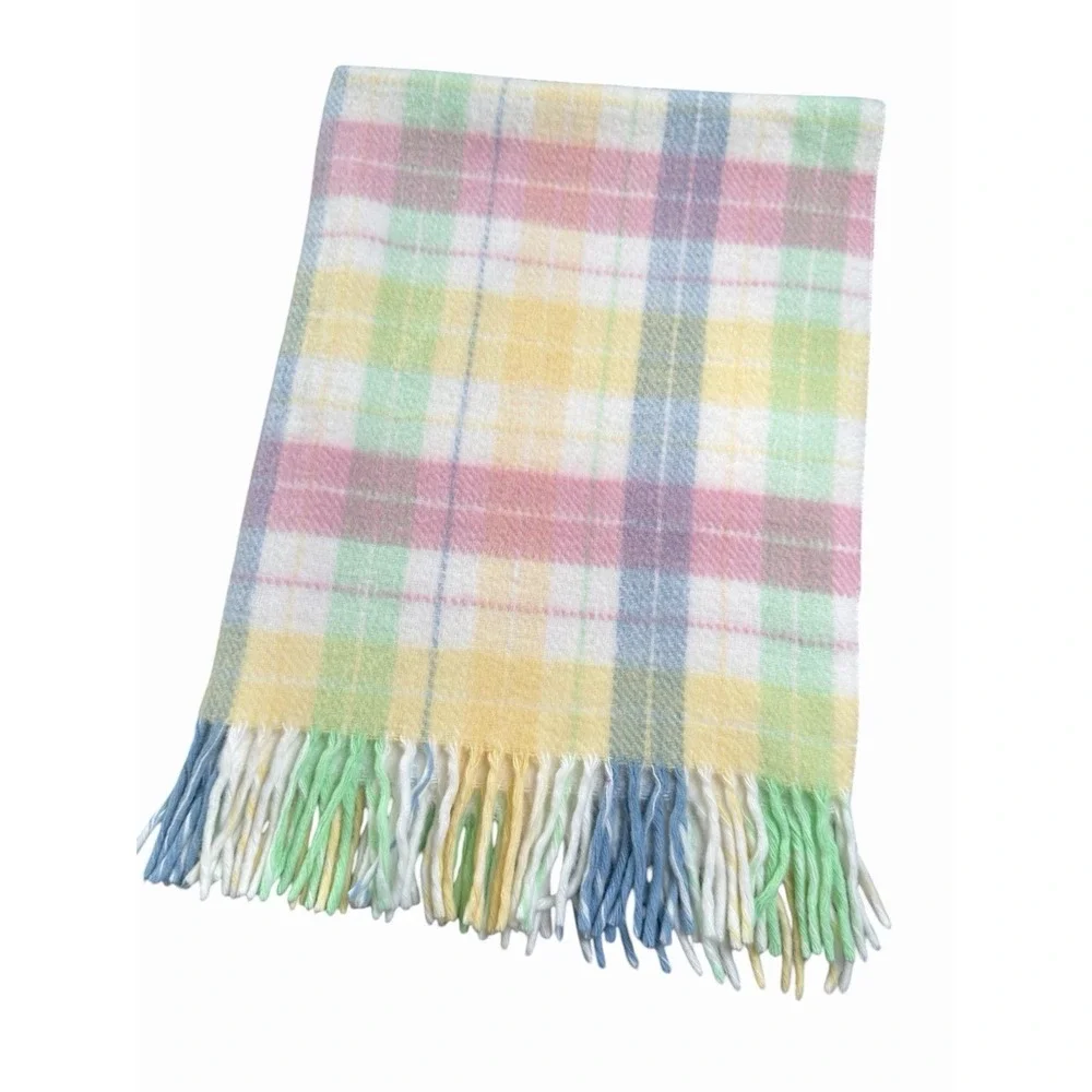 Vintage‎ Baby Blanket Acrylic  Pastel Plaid Thick Fringe Pink Blue Yellow Green